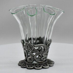 Vintage Handkerchief Glass Vase With Pewter Rose Holder